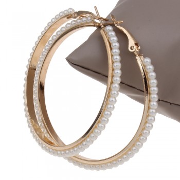 55mm 1 Pair Big Round Loop Circle Gold-color Hoop Earring Punk Rock Wedding Designs Imitation Pearl Beaded Round Hoop Earrings