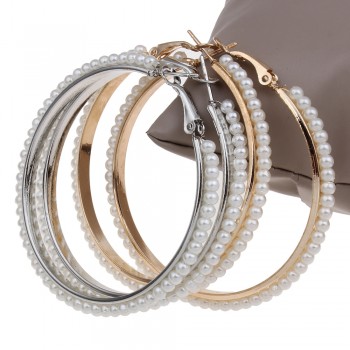 55mm 1 Pair Big Round Loop Circle Gold-color Hoop Earring Punk Rock Wedding Designs Imitation Pearl Beaded Round Hoop Earrings
