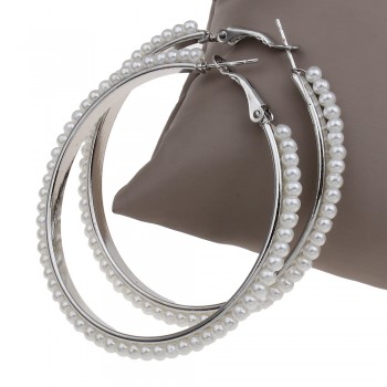 55mm 1 Pair Big Round Loop Circle Gold-color Hoop Earring Punk Rock Wedding Designs Imitation Pearl Beaded Round Hoop Earrings