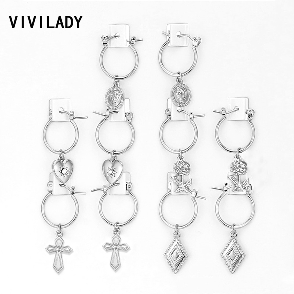 VIVILADY Boho 5pairs/set Small Round Hoop Earrings Women Silver Gold Color Heart Queen Rose Flower Snap Brincos Jewelry Gifts