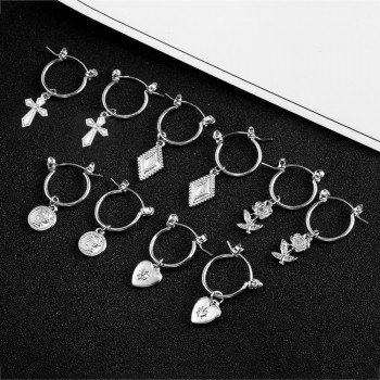 VIVILADY Boho 5pairs/set Small Round Hoop Earrings Women Silver Gold Color Heart Queen Rose Flower Snap Brincos Jewelry Gifts