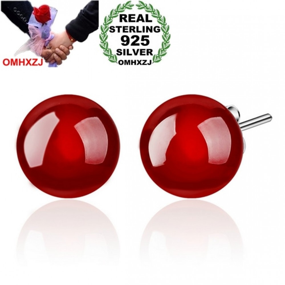 OMHXZJ WHOLESALE Fashion jewelry Red black blessing Good luck Vintage Agate REAL S 925 STERLING SILVER STUD EARRINGS YS83