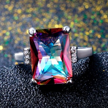 Natural Mystic Fire Rainbow Topaz Rings 10x14MM Big Gemstone Solid 925 Sterling Silver Jewelry Ring Party Wedding Gifts 5.2G