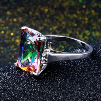 Natural Mystic Fire Rainbow Topaz Rings 10x14MM Big Gemstone Solid 925 Sterling Silver Jewelry Ring Party Wedding Gifts 5.2G