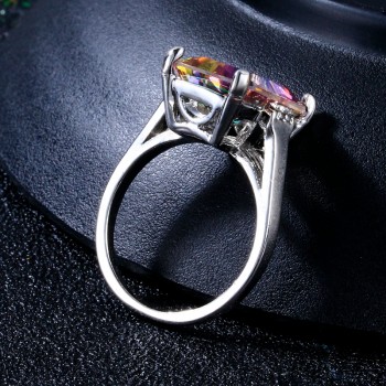 Natural Mystic Fire Rainbow Topaz Rings 10x14MM Big Gemstone Solid 925 Sterling Silver Jewelry Ring Party Wedding Gifts 5.2G
