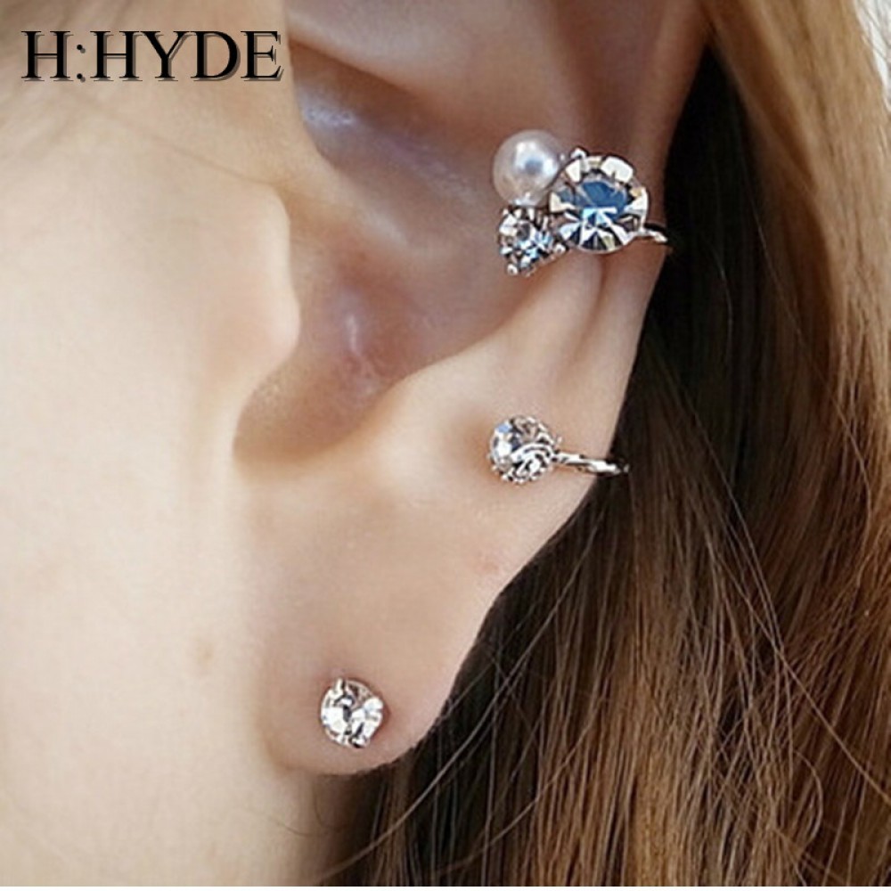H:HYDE  Brincos Simulated Pearl Clip Earing boucle doreille Bijoux Austria Crystal Ear Cuff Earrings For Women Wedding Jewelry