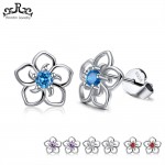 Rinntin Solid 925 Real Sterling Silver Women Stud Earrings Flower Pattern Blue AAA Zircon Classic Style Party Jewelry TSE71-L