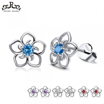 Rinntin Solid 925 Real Sterling Silver Women Stud Earrings Flower Pattern Blue AAA Zircon Classic Style Party Jewelry TSE71-L