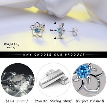 Rinntin Solid 925 Real Sterling Silver Women Stud Earrings Flower Pattern Blue AAA Zircon Classic Style Party Jewelry TSE71-L