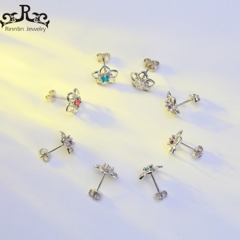 Rinntin Solid 925 Real Sterling Silver Women Stud Earrings Flower Pattern Blue AAA Zircon Classic Style Party Jewelry TSE71-L