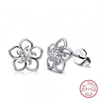 Rinntin Solid 925 Real Sterling Silver Women Stud Earrings Flower Pattern Blue AAA Zircon Classic Style Party Jewelry TSE71-L