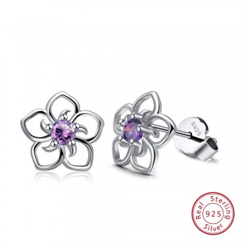 Rinntin Solid 925 Real Sterling Silver Women Stud Earrings Flower Pattern Blue AAA Zircon Classic Style Party Jewelry TSE71-L