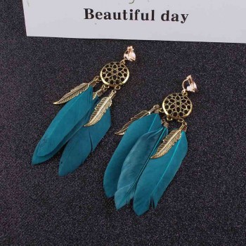 JIOFREE High Quality Vintage Bohemia blue feather Clip on Earrings Without Piercing for Girls Party Neednt Ear Hole