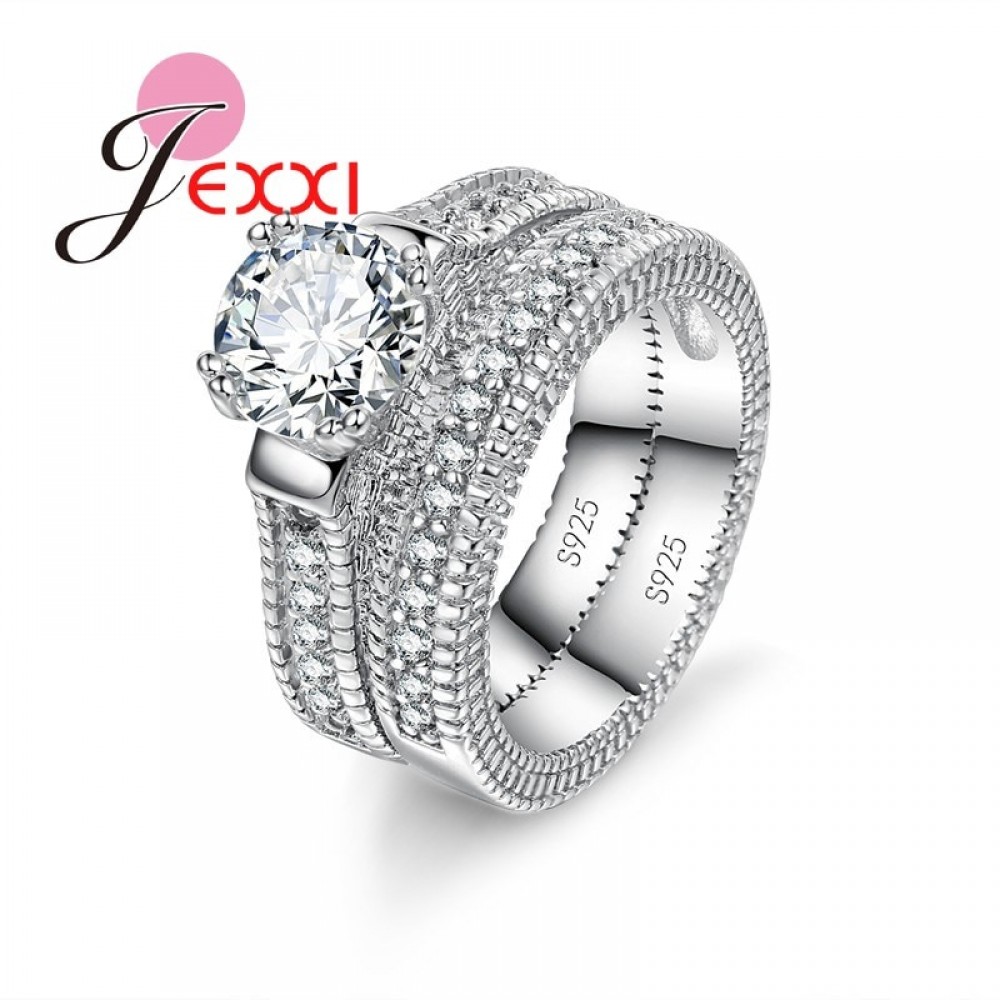 JEXXI 925 Stamped Sterling Silver Ring Sets 2 PCS Bijoux Full African AAA Crystal Heart Stone Rings Romantic Wedding Best Chioce