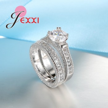JEXXI 925 Stamped Sterling Silver Ring Sets 2 PCS Bijoux Full African AAA Crystal Heart Stone Rings Romantic Wedding Best Chioce