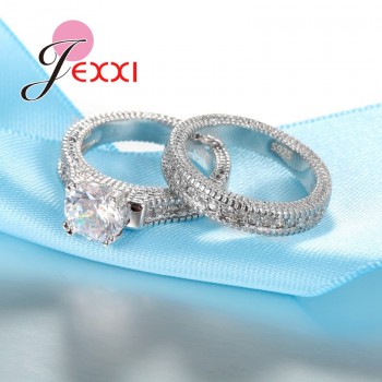 JEXXI 925 Stamped Sterling Silver Ring Sets 2 PCS Bijoux Full African AAA Crystal Heart Stone Rings Romantic Wedding Best Chioce