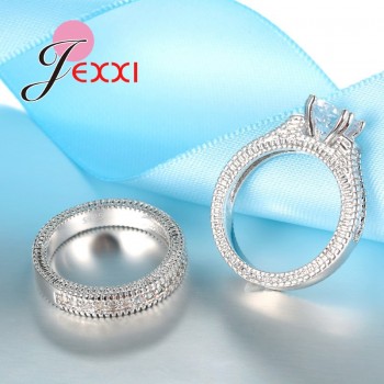 JEXXI 925 Stamped Sterling Silver Ring Sets 2 PCS Bijoux Full African AAA Crystal Heart Stone Rings Romantic Wedding Best Chioce
