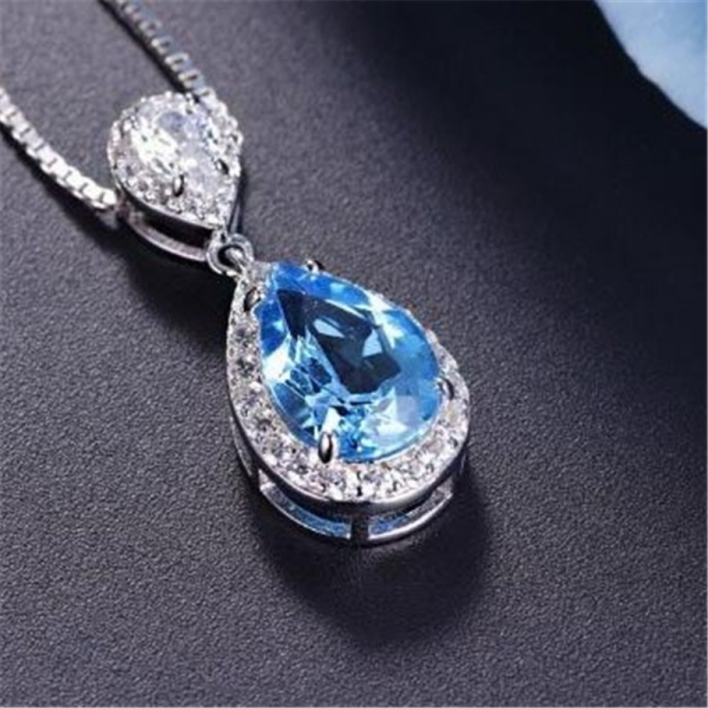 S925 Sterling Silver Pendant Water Drop Topaz Blue amp; Ruby Pendants Bride Wedding Engagement Party Fine Jewelry Necklace No Chain