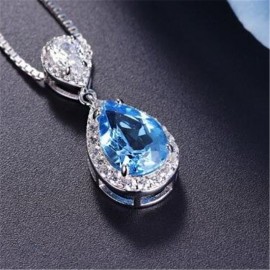 S925 Sterling Silver Pendant Water Drop Topaz Blue amp; Ruby Pendants Bride Wedding Engagement Party Fine Jewelry Necklace No Chain