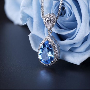 S925 Sterling Silver Pendant Water Drop Topaz Blue amp; Ruby Pendants Bride Wedding Engagement Party Fine Jewelry Necklace No Chain