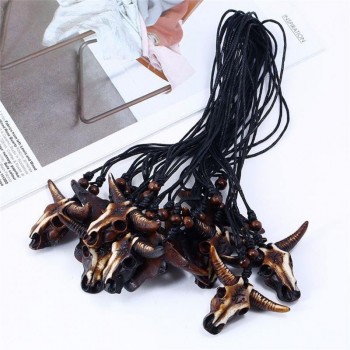 Ethnic Resin Gothic Skull Bull Head Pendants Mens Necklace Long Chokers Necklace Animal Owl Jewelry For Best Friend Adjustable