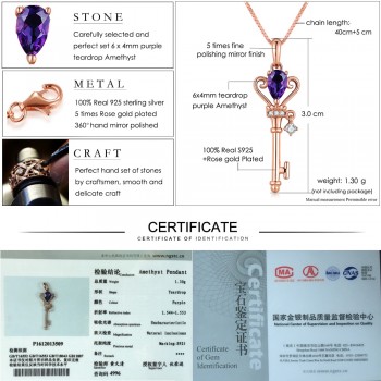 LAMOON Crown Key Pendant Necklace 6x4mm 0.4ct Natural Teardrop Amethyst 925 Sterling Silver Jewelry Rose Gold Color S925 LMNI004