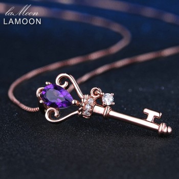 LAMOON Crown Key Pendant Necklace 6x4mm 0.4ct Natural Teardrop Amethyst 925 Sterling Silver Jewelry Rose Gold Color S925 LMNI004