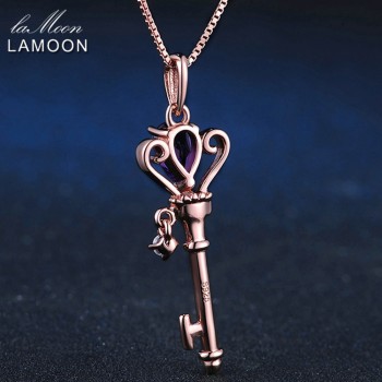 LAMOON Crown Key Pendant Necklace 6x4mm 0.4ct Natural Teardrop Amethyst 925 Sterling Silver Jewelry Rose Gold Color S925 LMNI004