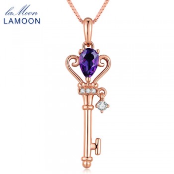 LAMOON Crown Key Pendant Necklace 6x4mm 0.4ct Natural Teardrop Amethyst 925 Sterling Silver Jewelry Rose Gold Color S925 LMNI004