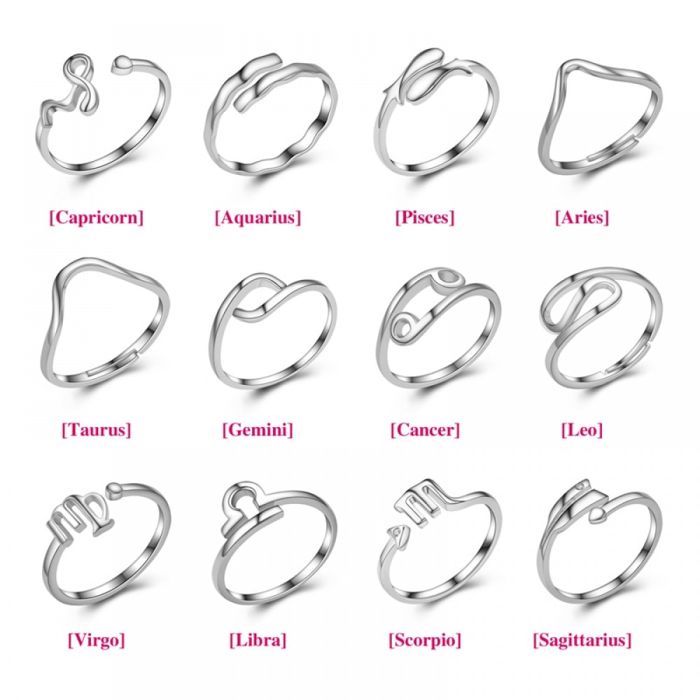 Solid 925 Silver Adjustable Open Ring Jewelry 12 Zodiac Star Signs Horoscope Constellation 925 Sterling Silver Rings for Women
