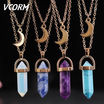 VCORM Cute Moon Hexagonal Column Natural Crystal Chains Necklaces Fashion Vintage  Link Chain Necklaces for Women Jewelry Gift