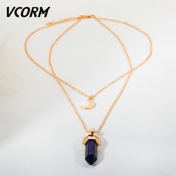 VCORM Cute Moon Hexagonal Column Natural Crystal Chains Necklaces Fashion Vintage  Link Chain Necklaces for Women Jewelry Gift