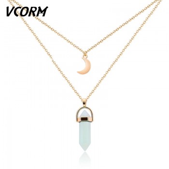VCORM Cute Moon Hexagonal Column Natural Crystal Chains Necklaces Fashion Vintage  Link Chain Necklaces for Women Jewelry Gift