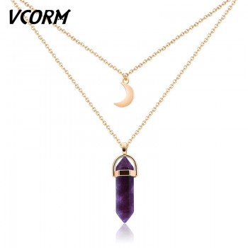 VCORM Cute Moon Hexagonal Column Natural Crystal Chains Necklaces Fashion Vintage  Link Chain Necklaces for Women Jewelry Gift