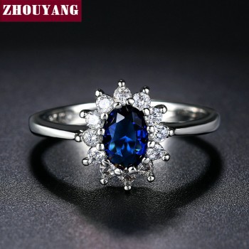 ZHOUYANG Princess Kate Blue Gem Created Blue Crystal Silver Color Wedding Finger Crystal Ring Brand Jewelry for Women ZYR076