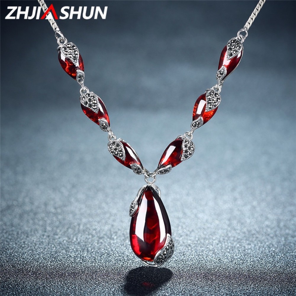 ZHJIASHUN Royal Gemstone Garnet 925 Sterling Silver Necklace Chain Women Jewelry Wedding Birthday Gift