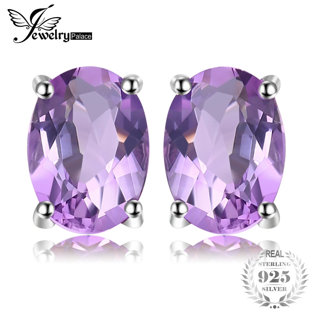 JewelryPalace Oval 1.4ct Natural Purple Amethyst Birthstone Stud Earrings Pure 925 Sterling Silver Fine Jewelry For Women