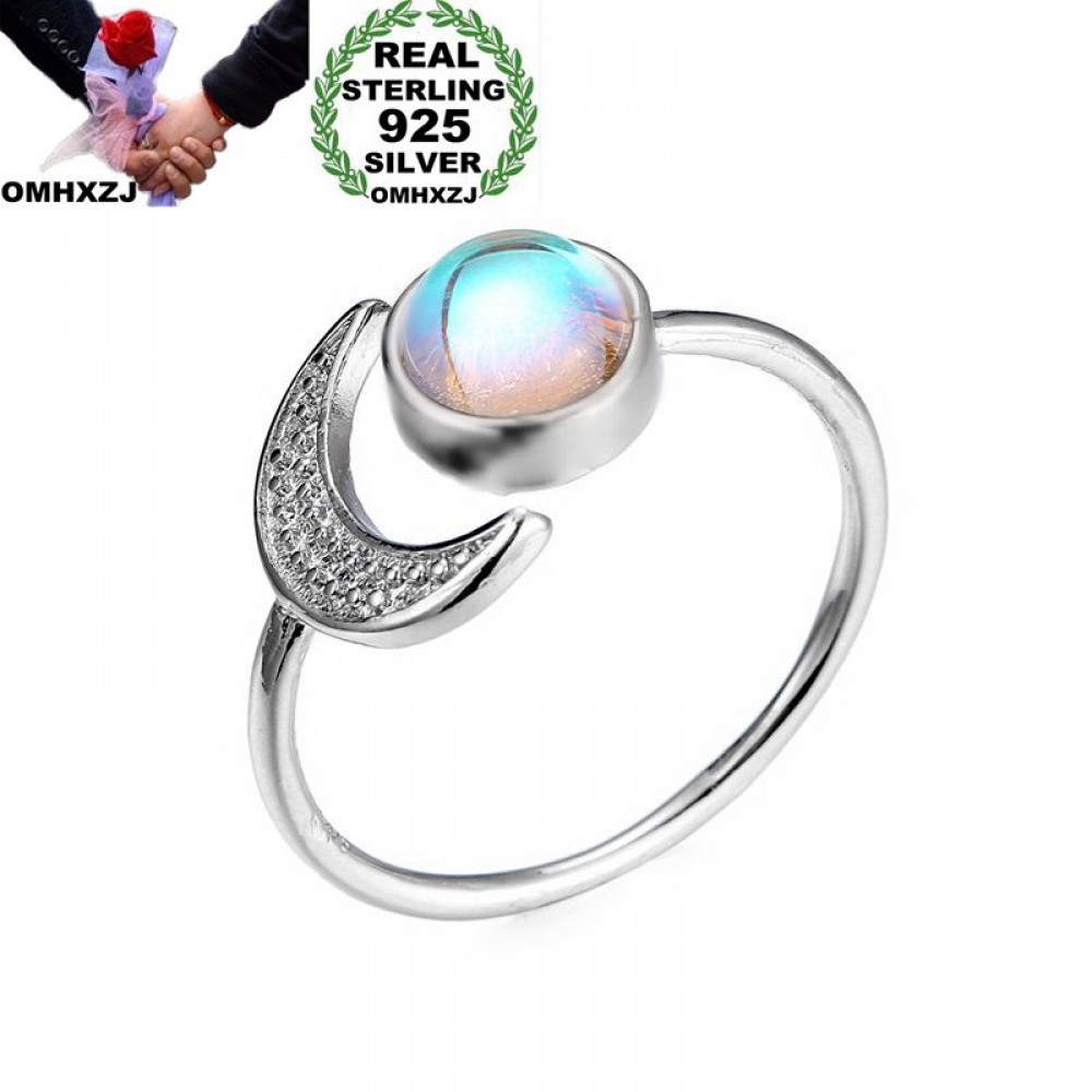 OMHXZJ Wholesale European Fashion Woman Party Wedding Gift White Moon Sun Moonstone AAA Zircon 925 Sterling Silver Ring RR102