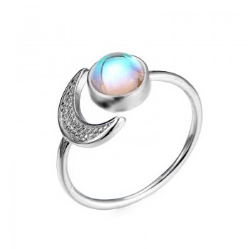 OMHXZJ Wholesale European Fashion Woman Party Wedding Gift White Moon Sun Moonstone AAA Zircon 925 Sterling Silver Ring RR102