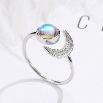 OMHXZJ Wholesale European Fashion Woman Party Wedding Gift White Moon Sun Moonstone AAA Zircon 925 Sterling Silver Ring RR102