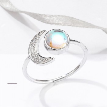 OMHXZJ Wholesale European Fashion Woman Party Wedding Gift White Moon Sun Moonstone AAA Zircon 925 Sterling Silver Ring RR102