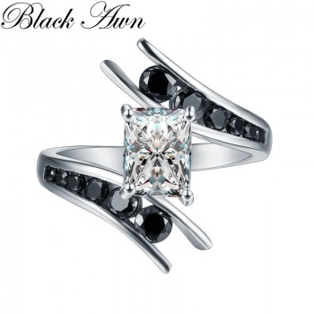 Fine Jewelry 5.1 Gram 100% Genuine 925 Sterling Silver Row Black Stone Engagement Rings for Women Bague C299
