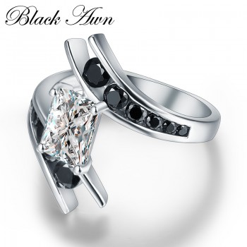Fine Jewelry 5.1 Gram 100% Genuine 925 Sterling Silver Row Black Stone Engagement Rings for Women Bague C299