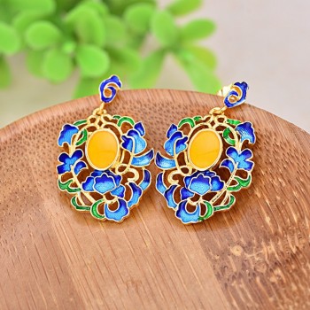 Fashion New Arrive Flower Shape Stud Earings Bule Color Ethnic Cloisonne Enamel Ear Stud Fashion Jewelry For Women Party Gift