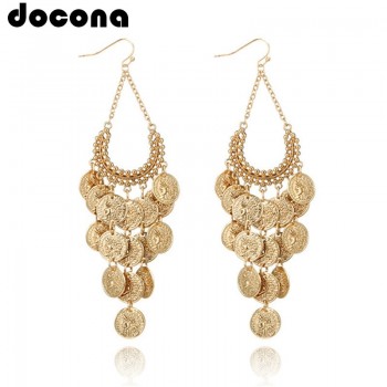 docona Gypsy Gold Color Hollow Leaf Coin Pendant Earrings for Women Metal Long Tassel Drop Dangle Earring Pendientes 6643