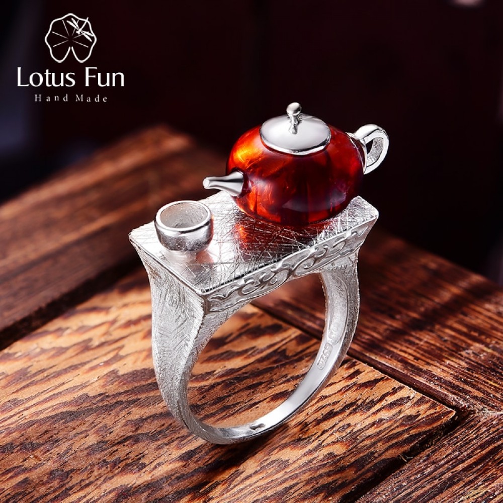 Lotus Fun Real 925 Sterling Silver Natural Amber Original Handmade Fine Jewelry Vintage Ring Cute Teapot Rings for Women Bijoux