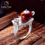 Lotus Fun Real 925 Sterling Silver Natural Amber Original Handmade Fine Jewelry Vintage Ring Cute Teapot Rings for Women Bijoux