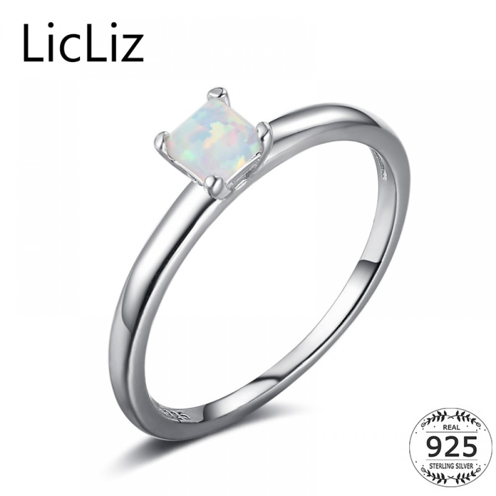 LicLiz 925 Sterling Silver Opal Rings For Women Gemstone Square Ring Wedding Band Solitaire Ring Princess Ring Engagement LR0382