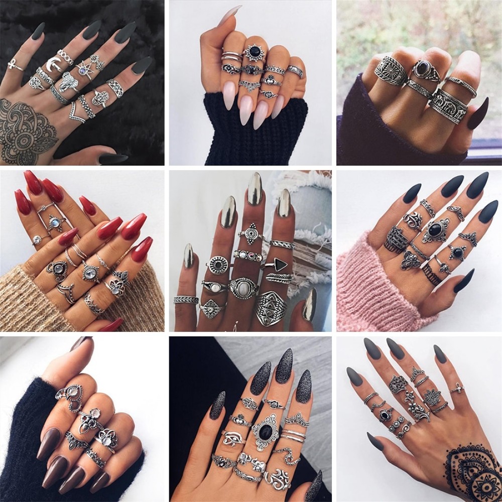 HuaTang Bohemian Antique Silver Crystal Knuckle Ring Geometric Elephant Flower Carving Midi Rings Anel Anillos Ring Set Jewelry