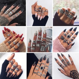 HuaTang Bohemian Antique Silver Crystal Knuckle Ring Geometric Elephant Flower Carving Midi Rings Anel Anillos Ring Set Jewelry